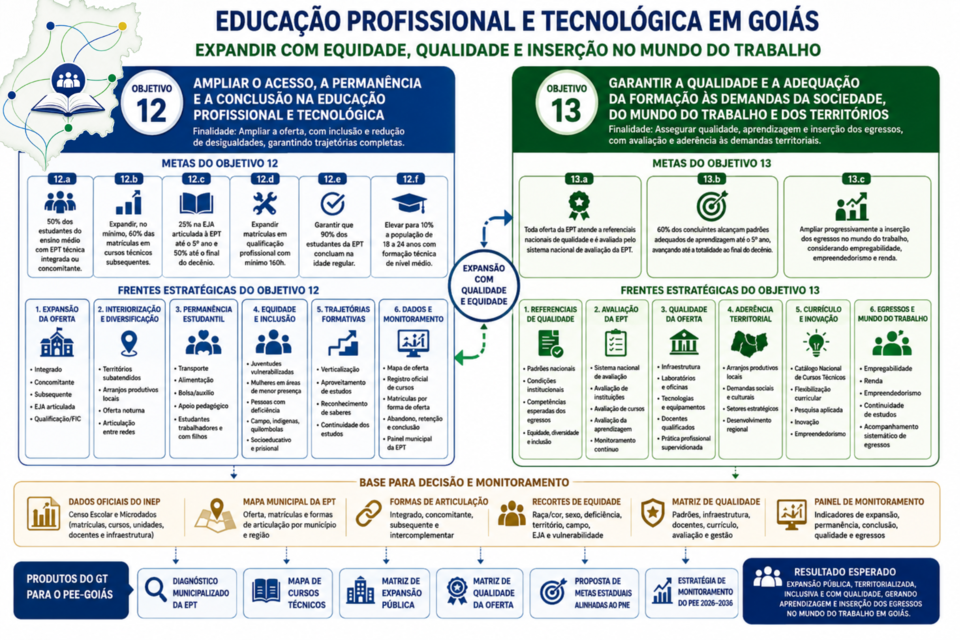 Miniatura do infográfico da Educação Profissional e Tecnológica em Goiás relacionando os Objetivos 12 e 13.
